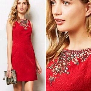 Anthropologie Moulinette Soeurs Red Brocade Jewel Neckline Sheath Mini Dress 10‎